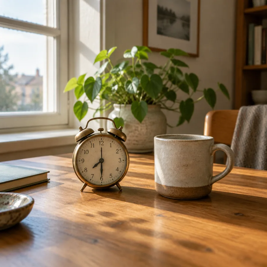 Een wekker op half acht naast een kop koffie op een houten tafel