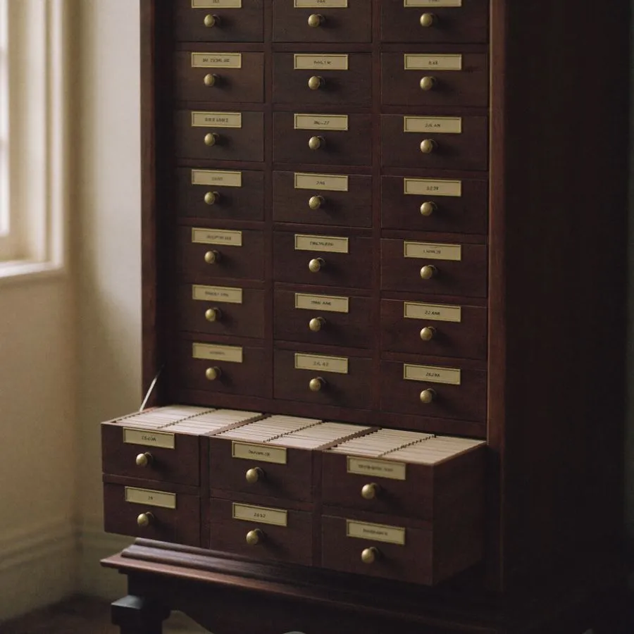 Een houten kaartenbak met laden vol geordende kaarten